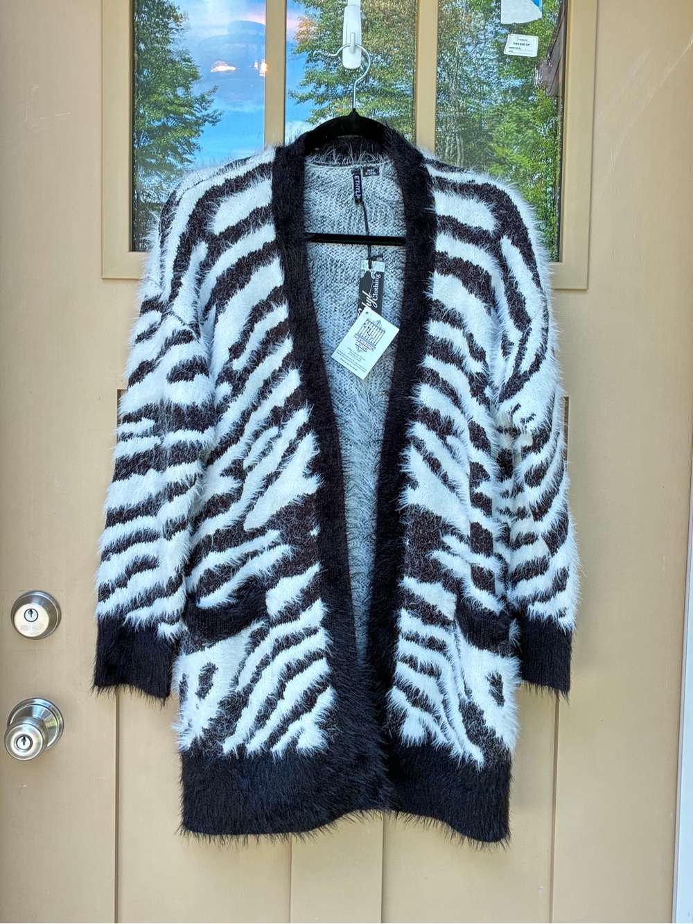 New Ethyl Cardigan Sweater Fuzzy Zebra Print Open Front Pockets Women's Medium